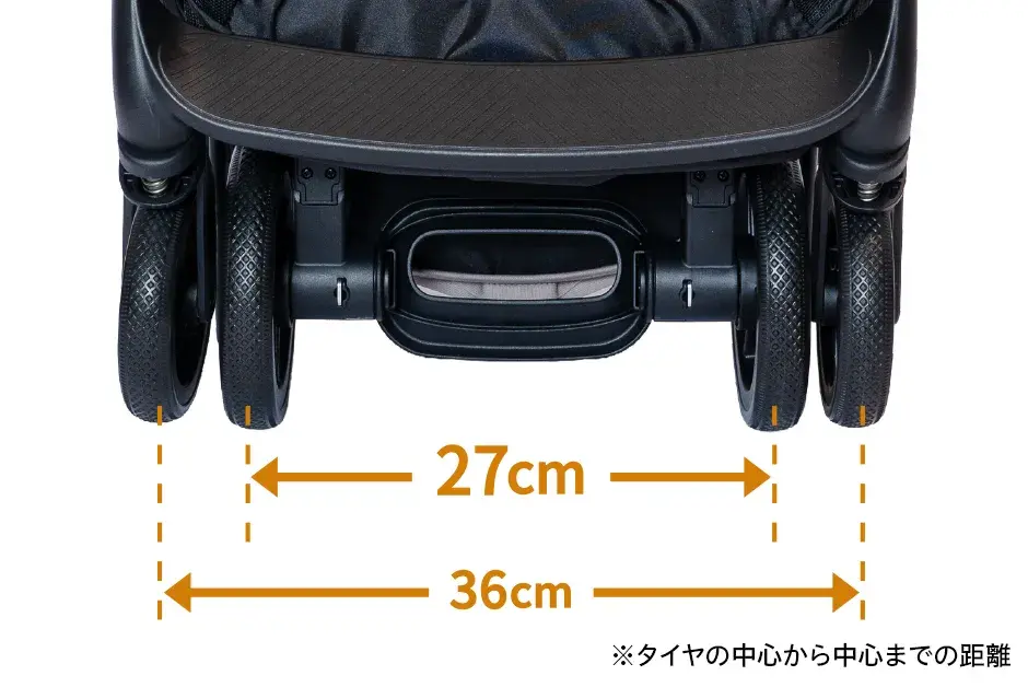 カート底部の4輪配置図。旋回軸間27cm・全幅36cmの寸法比較により、旋回性を高める設計を示した図