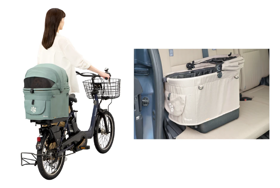 自転車の荷台にキャリーユニットを取り付けて押して歩く女性の様子と、車の後部座席にキャリーユニットを固定した様子