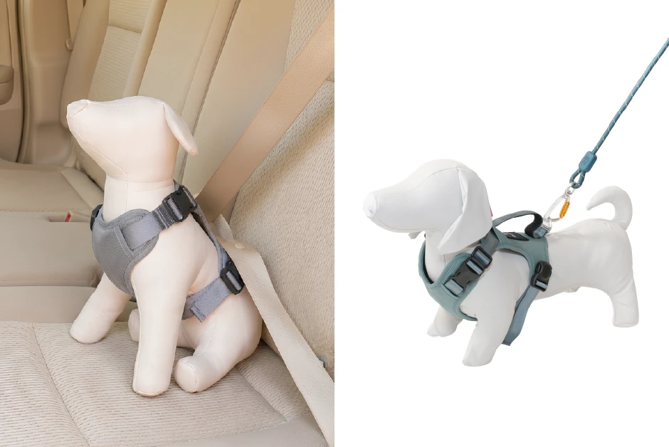 左：ハーネスにシートベルトを通して車内で使用している様子、右：リードを装着してお散歩で使用している様子